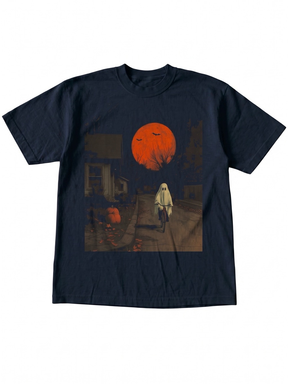 Gildan Navy Short-Sleeve Tee with Orange Moon Ghost Graphic